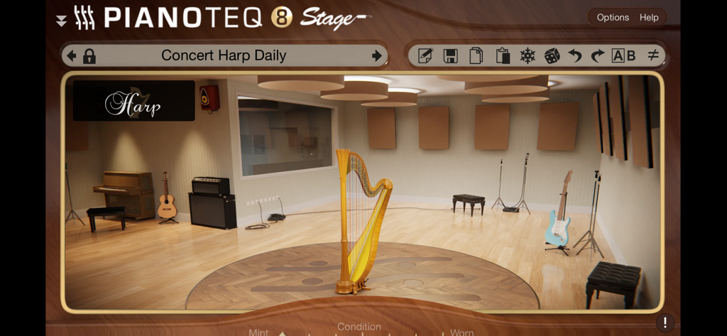 Pianoteq 8 Stageアプリインターフェース、3Dレコーディングスタジオ環境に仮想コンサートハープを表示