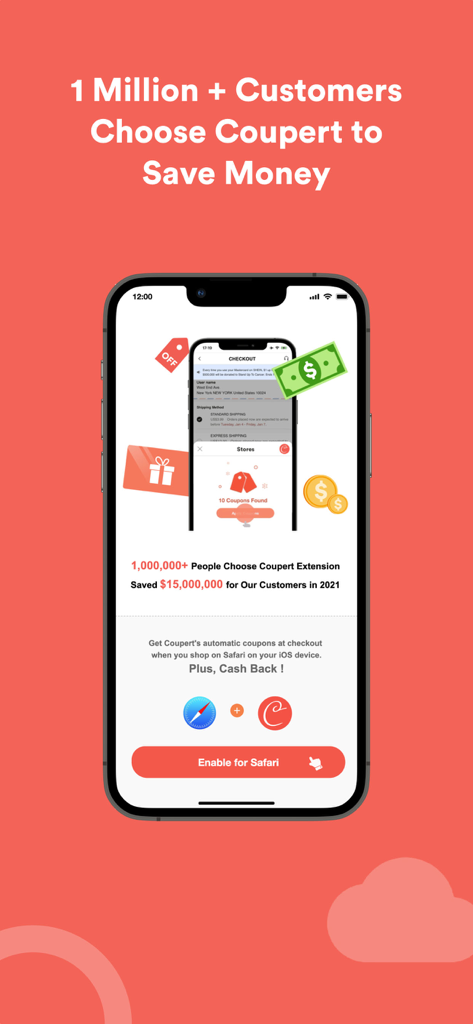 Coupert Lite app interface showing savings statistics and the option to enable the Safari extension for coupons and cashback