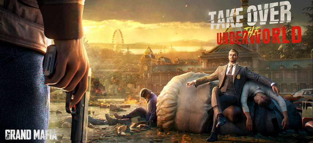 Un jefe de la mafia sentado sobre la cabeza de una estatua caída en una ciudad al atardecer con el lema "Domina el Inframundo"