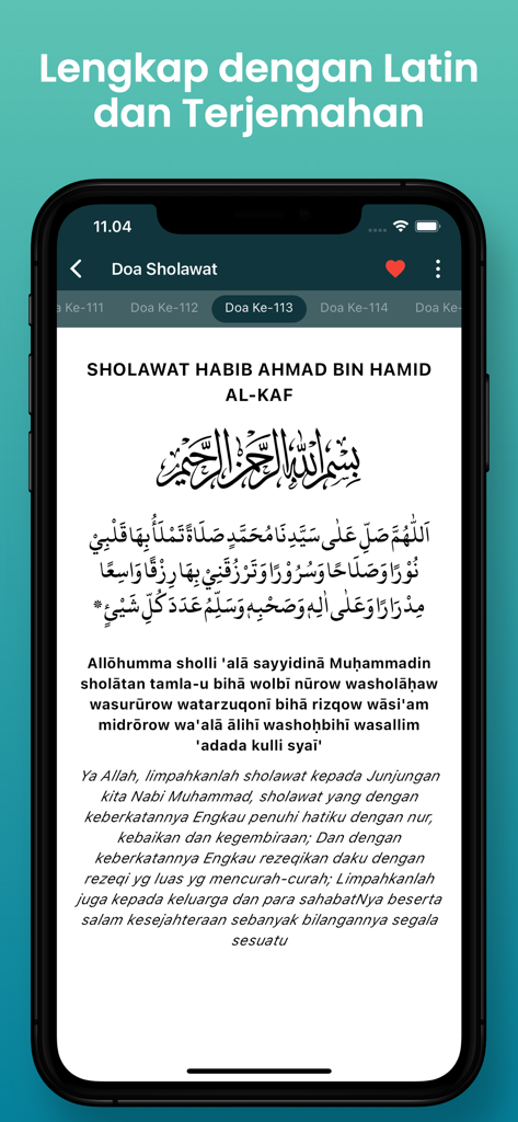 Kumpulan Doa dan Dzikir - Mobile app interface showing Sholawat prayer with Arabic script, Latin transliteration, and Indonesian translation.