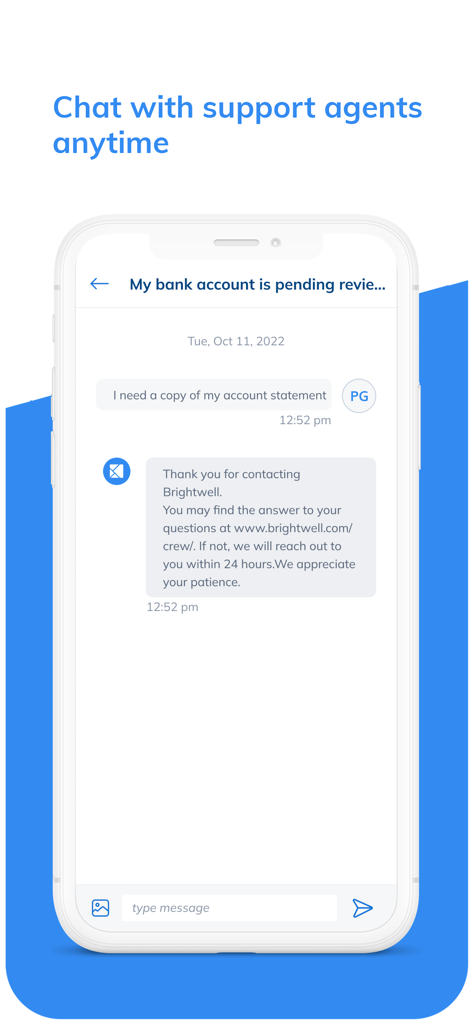 In-App-Kundensupport-Chat-Oberfläche für Brightwell Navigator.