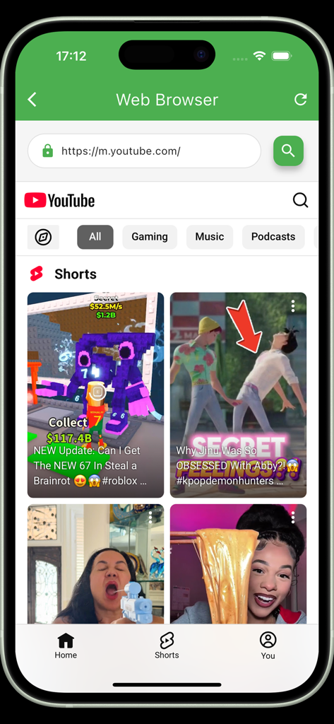 APNA TUNNEL - Captura de tela do navegador integrado APNA TUNNEL Lite exibindo YouTube Shorts