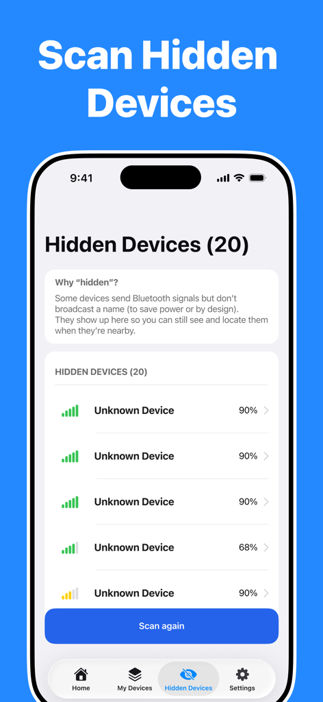 信号強度インジケーター付きの隠しBluetoothデバイスのスキャンとリスト表示用のインターフェース