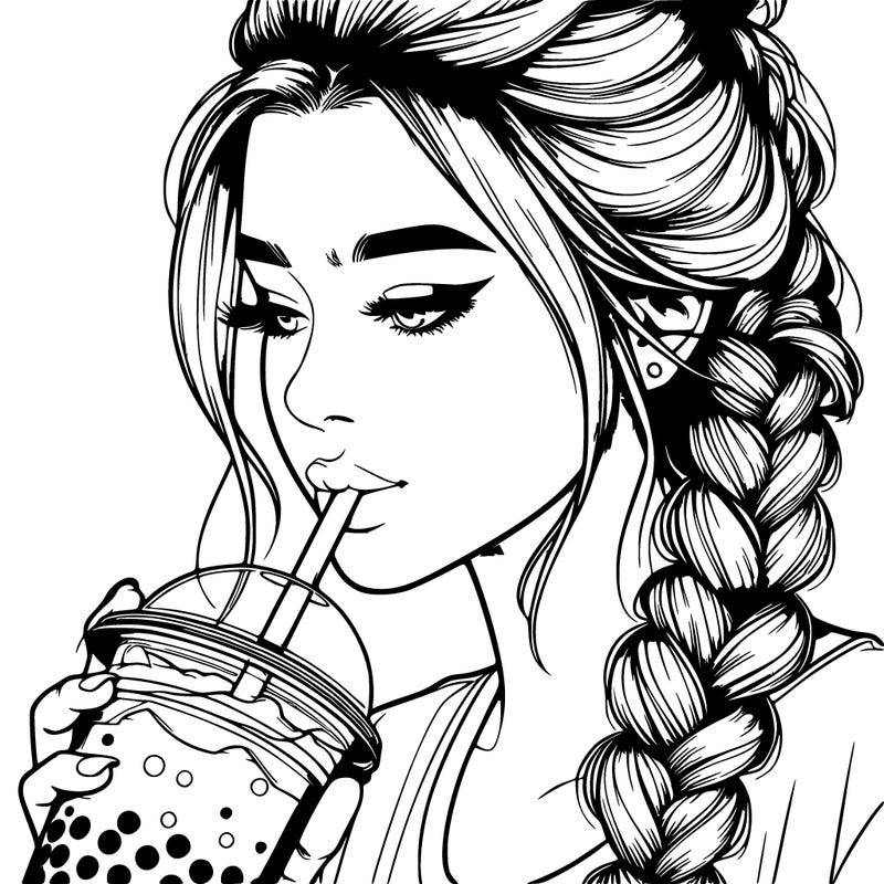 realistic girl drinking boba tea with braided hair