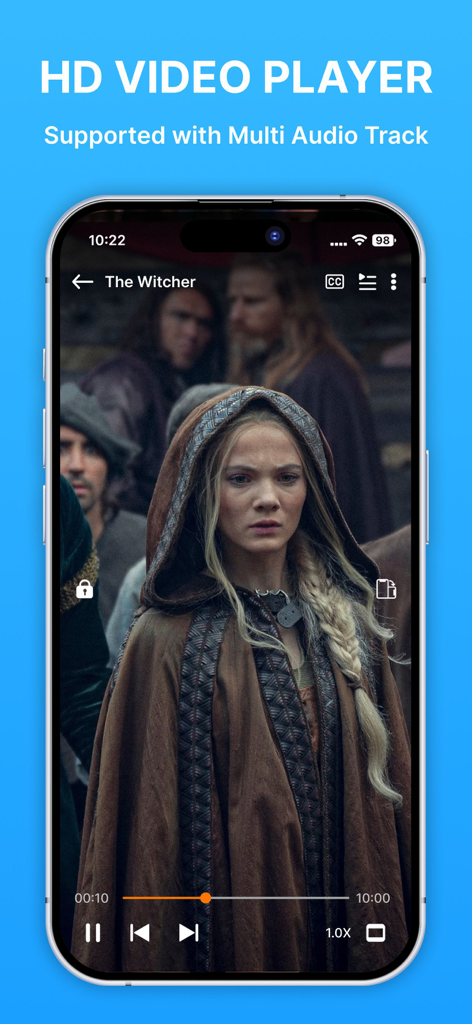MX Player - Video Player - MX Player app interface on an iPhone showing HD video playback with multi-audio track support and playback controls
