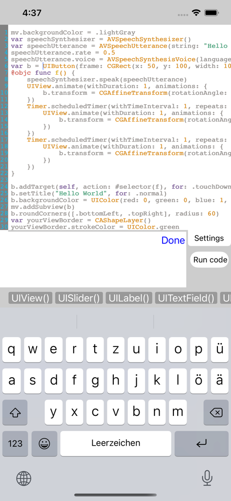 Swift code editor interface in App Designer mobile app with virtual keyboard and UI element shortcuts