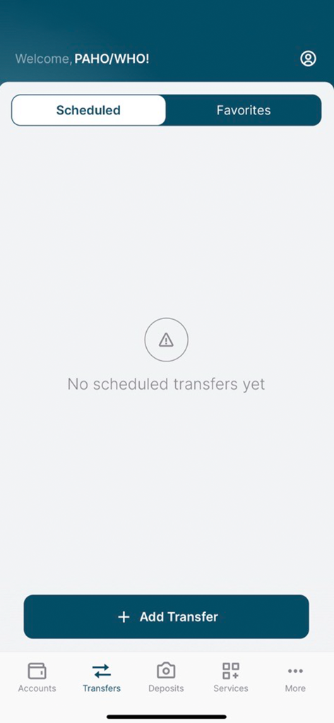 PAHO WHO Federal Credit Union mobile app showing the scheduled transfers interface
