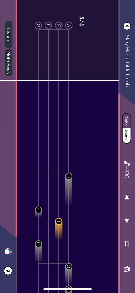 Gamified interface of the Tunefor app showing falling notes to learn Mary Had a Little Lamb on the ukulele