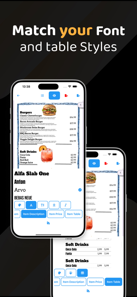 Menu Maker - Price List PDF - Mobile app interface showing font selection and table layout customization for a restaurant menu