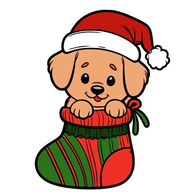 cute puppy wearing santa hat in socking