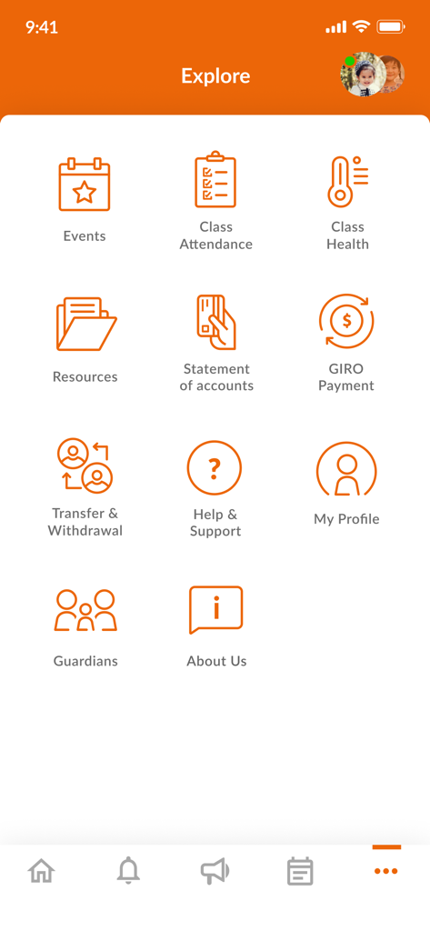 My First Skool Parent App - Tela Explorar do My First Skool Parent App mostrando ícones para frequência, saúde, recursos e pagamentos
