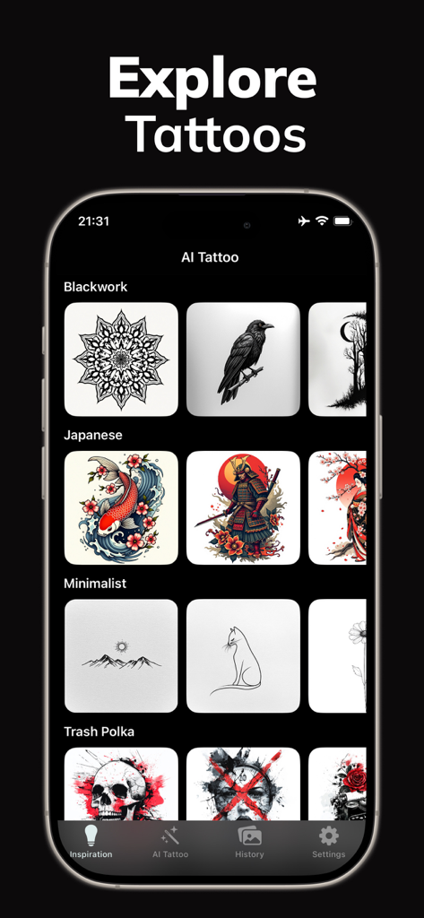 AI Tattoo Design Generator Ink - A gallery showing different AI generated tattoo styles like blackwork, japanese, and minimalist