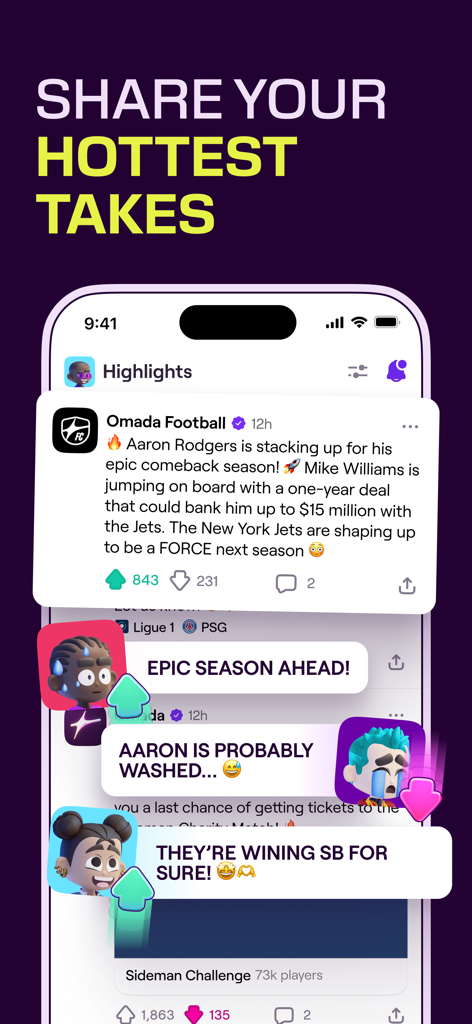 Omada - Make Sport Social - Una captura de pantalla del feed social de la app Omada que muestra noticias deportivas y comentarios de usuarios con avatares personalizados reaccionando a una actualización de fútbol americano