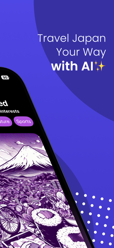 Visit Japan Web AI Guide mobile app screen showing a purple illustration of Mount Fuji and sushi with the tagline Travel Japan Your Way with AI