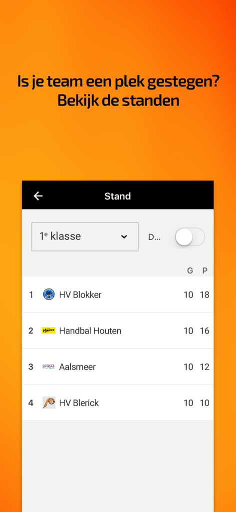 HandbalNL app screenshot showing league standings and team rankings