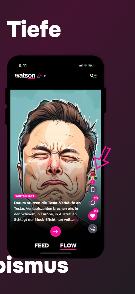 watson News - Watson News app interface showing the Flow mode with a social media style story about Tesla sales and social interaction buttons
