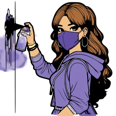 realistic girl with mask spray painting a wall