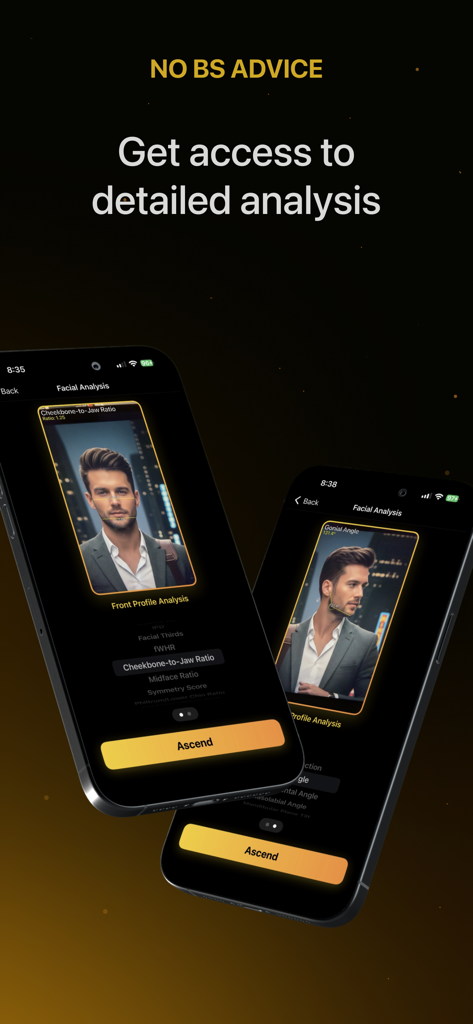 Two mobile phones displaying facial analysis results for cheekbone to jaw ratio and gonial angle within the Ascension app interface