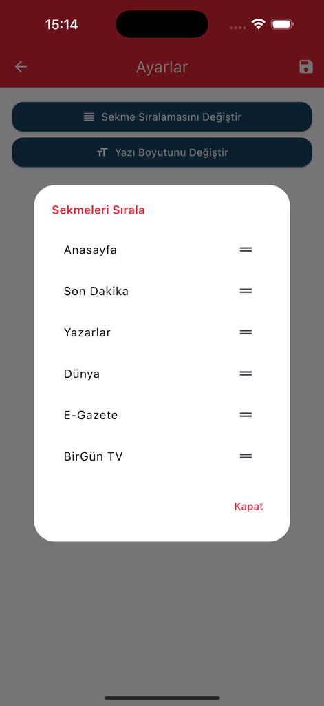 Écran des paramètres de l'application Birgun Gazetesi montrant un menu contextuel pour personnaliser l'ordre des onglets d'actualités comme Accueil, Dernières nouvelles et Monde