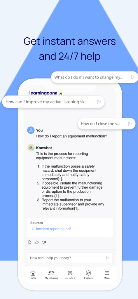 Learningbank - Learningbank app Knowbot interface showing an AI assistant providing instant answers to employee questions