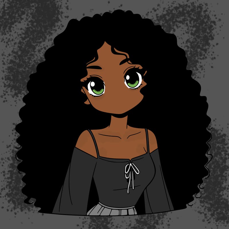 a black anime girl with long afro hair