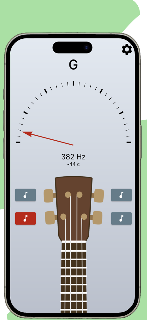 Ukulele Tuner - Simple Tuner - Une interface mobile pour une application d'accordeur de ukulélé montrant une aiguille rouge indiquant que la corde Sol est désaccordée