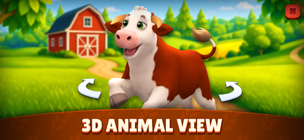 Animal Farm Life: Town Farming - 赤い納屋を背景にした農場にいる、かわいい3Dアニメーションの牛