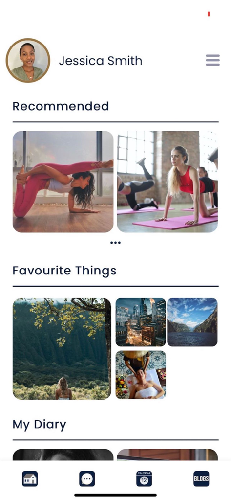 My Company Wellness - User profile dashboard in the My Company Wellness app displaying recommended fitness activities and personal wellness content