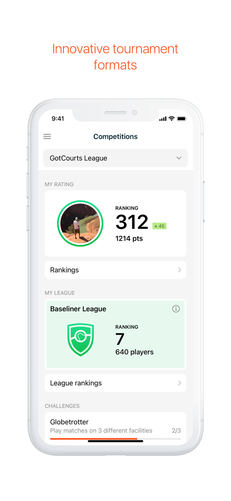 GotCourts mobile app screenshot showing tennis tournament rankings and player league status