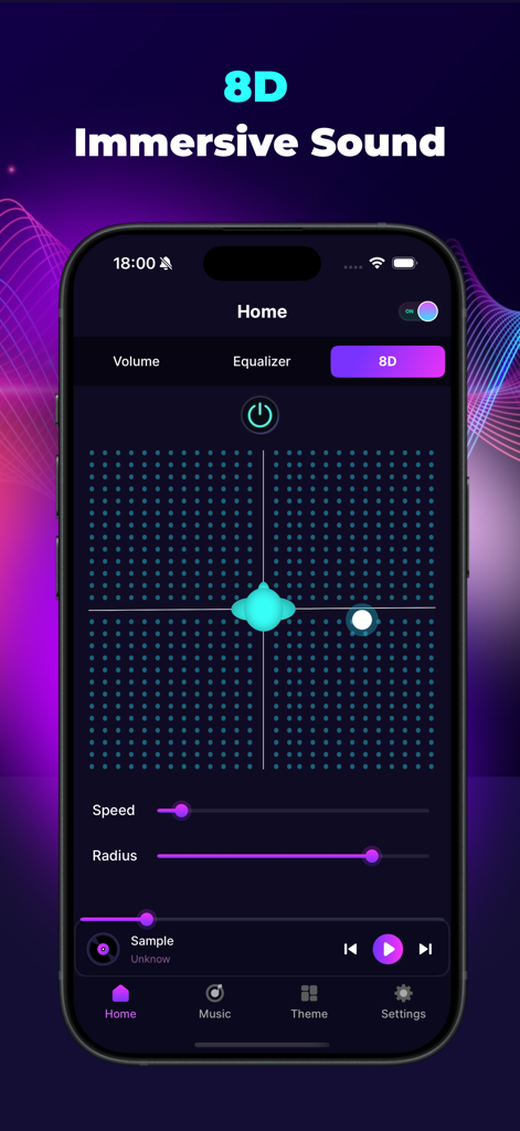 Volume Booster & EQ Amplifier - A smartphone screen displaying the 8D immersive sound settings with speed and radius sliders for audio customization