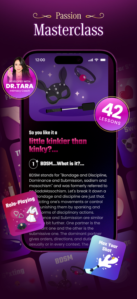 Passion Masterclass-Bildschirm in der Scratch Adventure App mit Bildungsinhalten über Intimität und BDSM, entwickelt mit Dr. Tara.