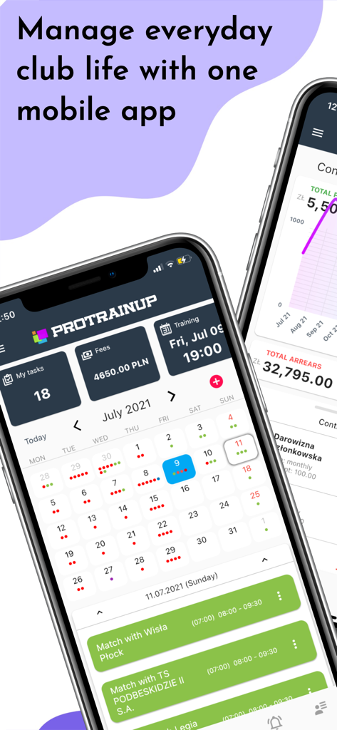 ProTrainUp - ProTrainUp mobile app dashboard displaying a sports club calendar and training schedule.