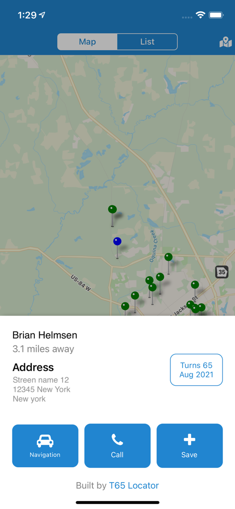 Aplicativo T65 Locator exibindo o perfil de um prospecto de seguro com localização no mapa e botões de navegação