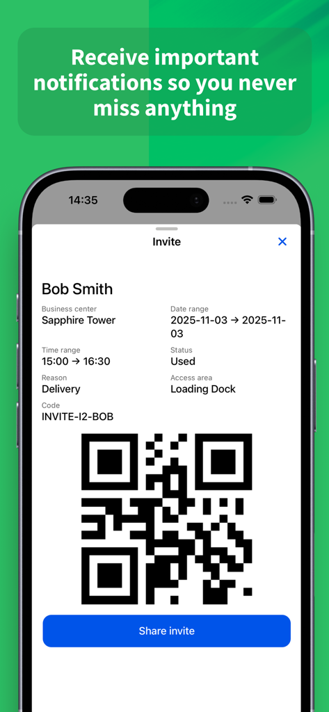 A screenshot of the Sapphire Management App showing a visitor invite with a secure QR code for building access.