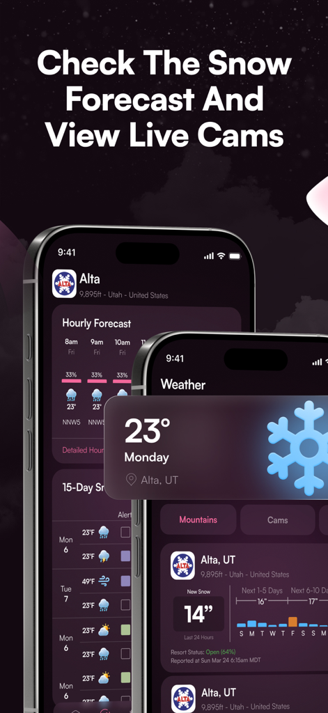 Shredder app snow forecast and live mountain cams interface showing Alta resort weather details.