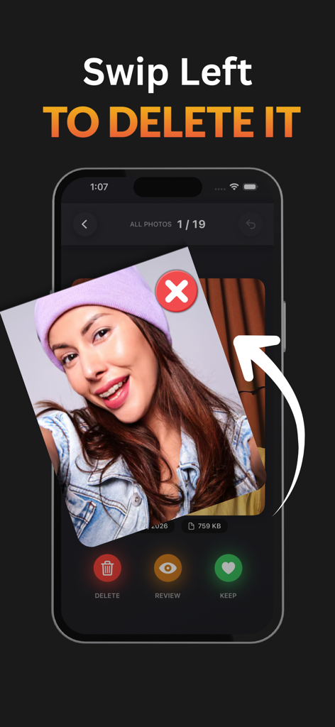 Photo Cleaner Swipe - Interface of Photo Cleaner Swipe app showing a user swiping left to delete a selfie