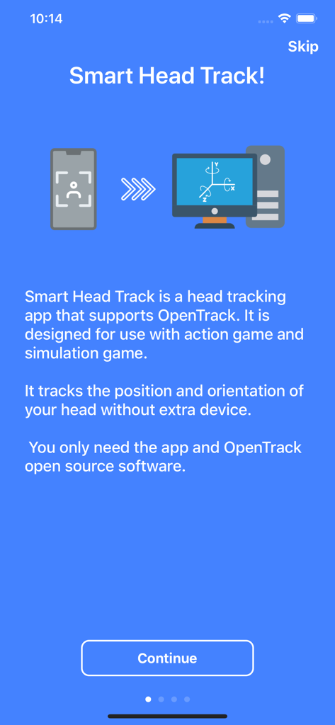 Smart Head Track for OpenTrack - Smart Head Track Onboarding-Bildschirm, der das Head-Tracking für PC-Spiele mithilfe eines Smartphones und der OpenTrack-Software erklärt.