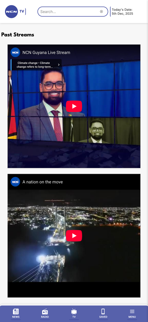NCN Guyana - The past streams section of the NCN Guyana app featuring video news updates and local broadcasts