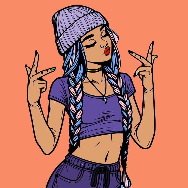 realistic teenage girl with braids and a beanie and crop top doing 🫶🏼