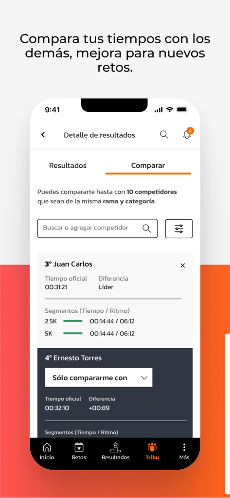 Asdeporte app interface showing a comparison of race results and performance times between athletes