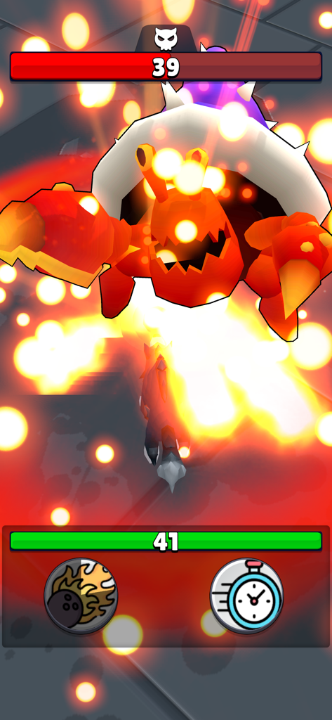 Une scène de combat de monstre crabe géant orange avec des barres de vie et des icônes de capacités spéciales dans le jeu Bacterias