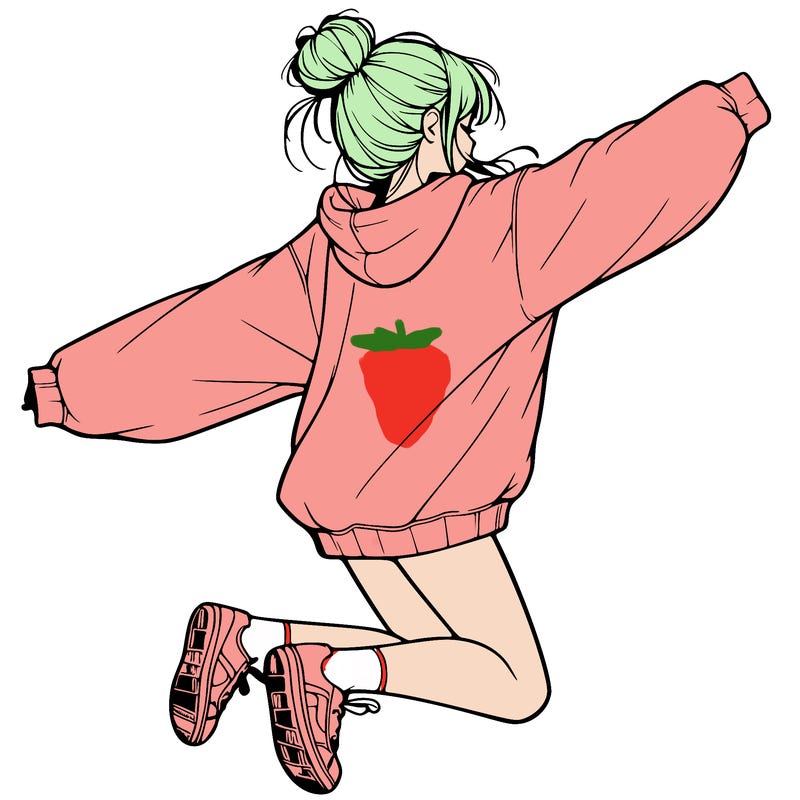 realistic girl jumping with a bun and oversized sweatshirt