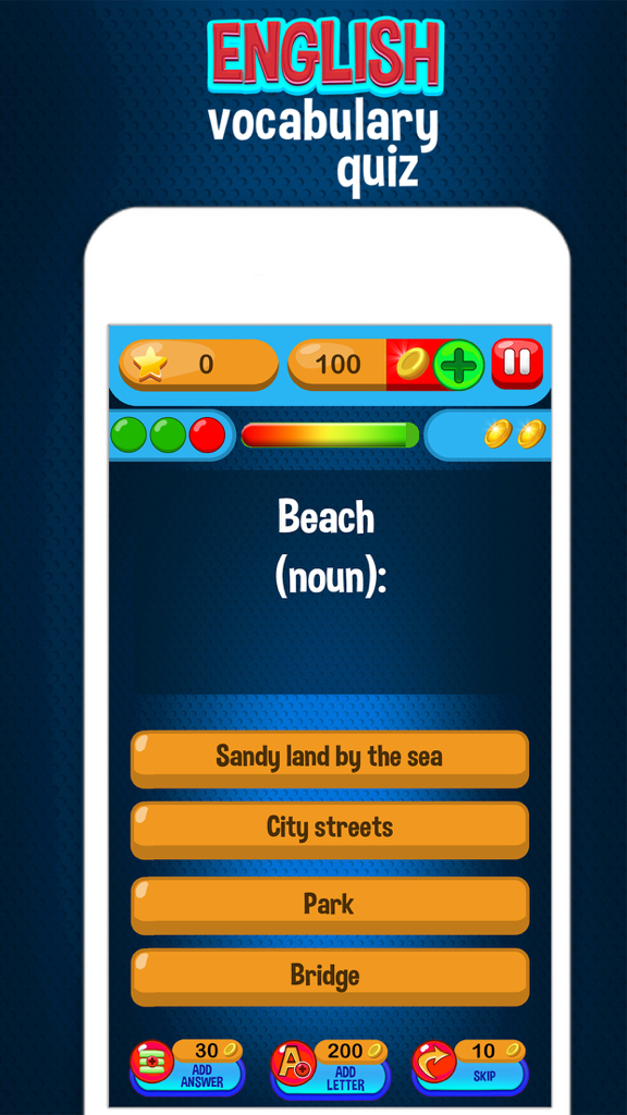 English Vocabulary Quiz – Knowledge Test for Free - A mobile app screen showing a multiple choice vocabulary question for the word beach with four possible definitions.