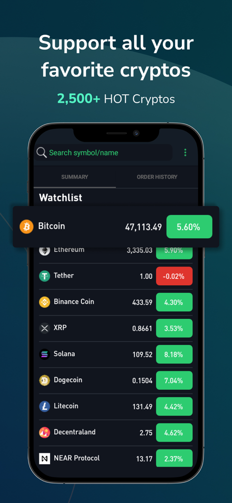CryptoSim: Market Simulator - Mobile screen showing a cryptocurrency watchlist with real time prices for Bitcoin and Ethereum