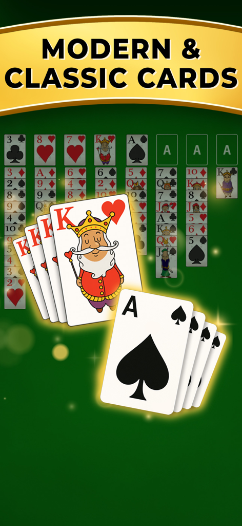 FreeCell Classicのゲームプレイ。緑色の背景に、モダンでクラシックなカードデザインが表示されています。