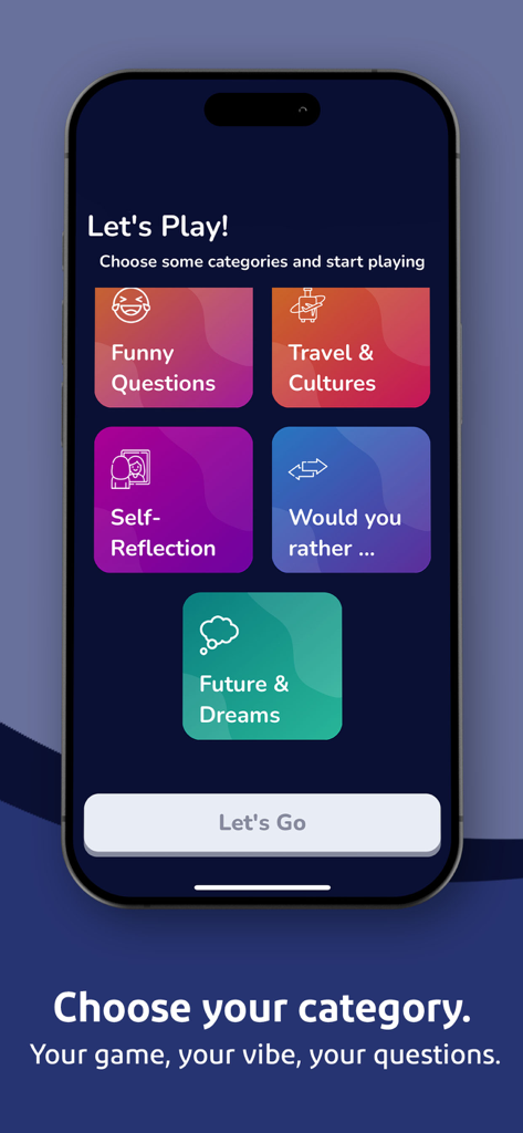 Tell me more!! - Interface of the Tell me more app showing category choices for conversation starters