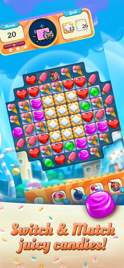 Nyan Cat Candy Match mobile game screen showing a colorful match three puzzle board with candy and ice cream icons