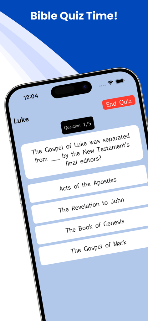 ESV Bible* - ルカの福音書に関する多肢選択式の聖書クイズ質問を特徴とするESV聖書アプリ画面