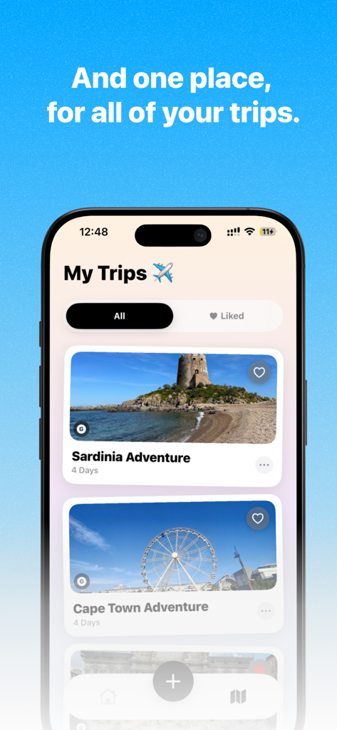 Vacay: Find Spots, Plan Trips - A seção Minhas Viagens do aplicativo Vacay exibindo roteiros de viagem organizados com fotos de alta qualidade para a Sardenha e Cidade do Cabo.