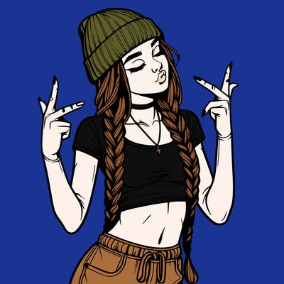 realistic teenage girl with braids and a beanie and crop top doing 🫶🏼